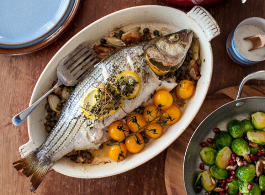 herb-roasted striped bass with capers, shallots & lemon