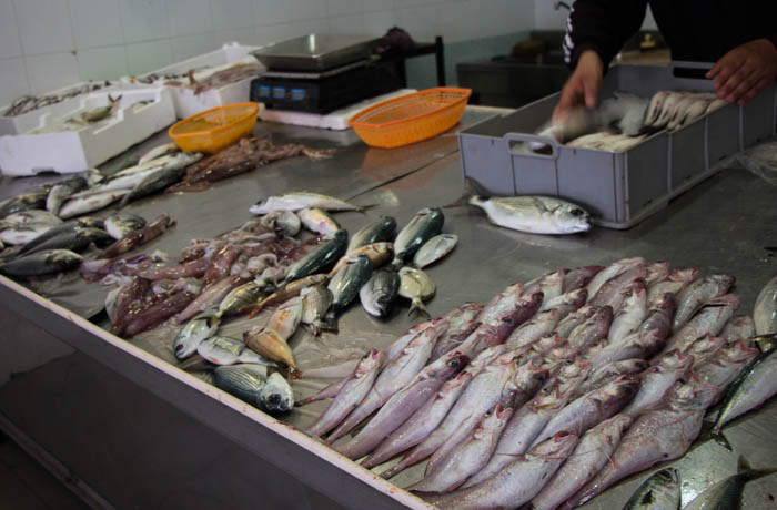 counter of fishmonger at market